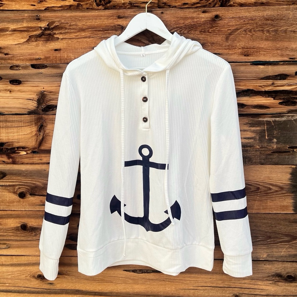 CHOOVE | Nautical Waffle Knit Drawstring Stripe Hoodie Sweater L